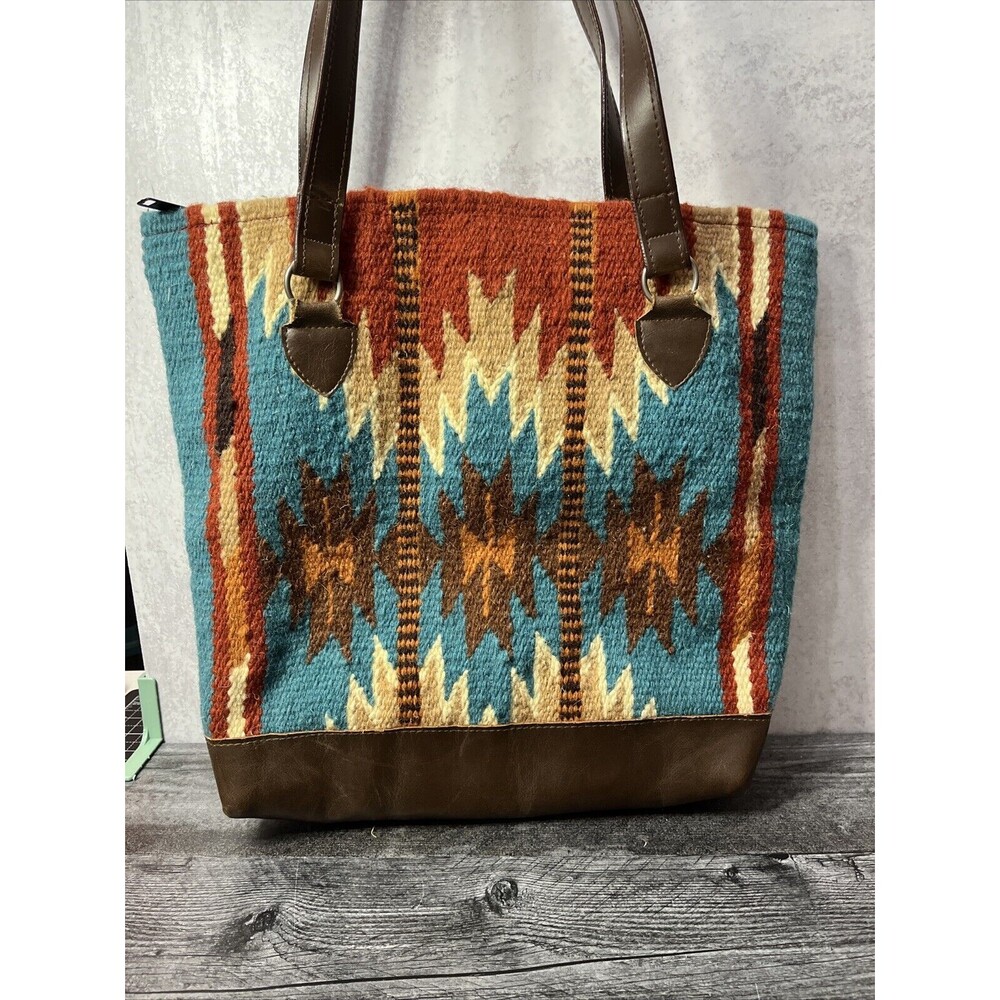 El Paso Saddle Blanket Company Tote Bag Wool Blend Southwestern Aztec Leather